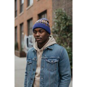 Timberland Knit Beanie Hat Purple & Yellow With Folded Cuff & Embroidered Patter